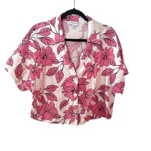 Marc New York Short Sleeve Cropped Linen Blend Top Pink and White SZ M